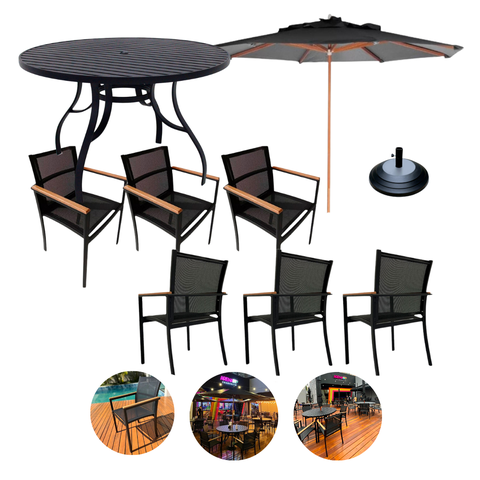 Jogo de Mesa Jantar 1,40m Alumínio 6 Cadeiras Jardim Piscina + Guarda Sol