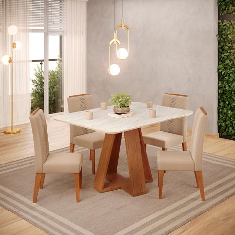 Conjunto Sala de Jantar 4 Cadeiras Tampo sem Vidro Dj Móveis Kiara Freijó Quartzo Yasmin Veludo Kraf