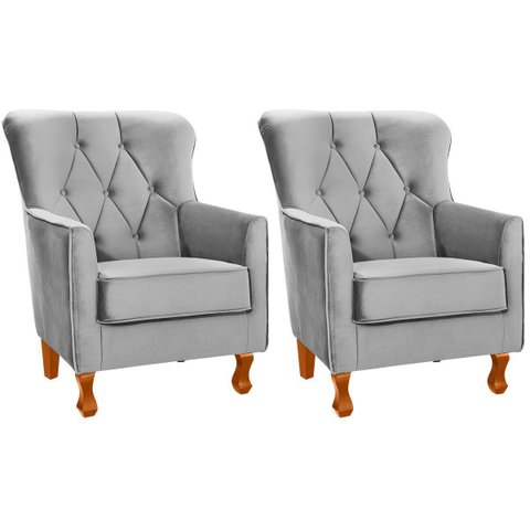 Kit 2 Poltronas para Sala Decorativas C/ Capitonê Carrara Veludo Prata