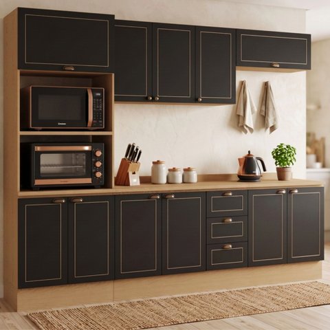 Cozinha Modulada 6 Peças Aéreos, Balcões, Torre Quente e Tampo Conecta Frise Yescasa Cinamomo/Preto