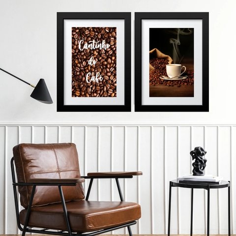 Kit 2 Quadros Grandes Cantinho do Café - 60x48cm:madeira Preta