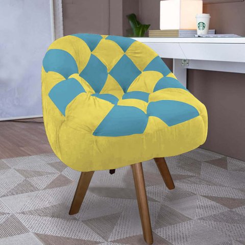Poltrona Paloma Escritório Sala Giratória Madeira Suede Amarelo e Suede Azul Turquesa - Dominic Deco