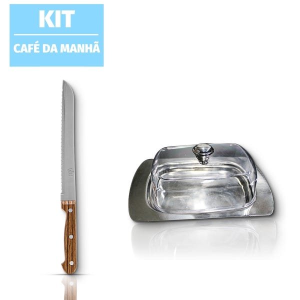 Kit faca de pão manteigueira aço inox Cozinha Café da manhã