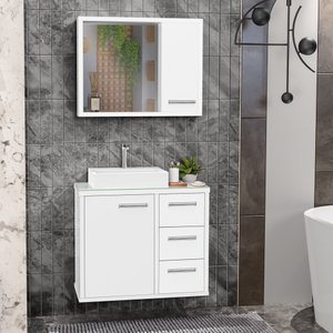 Gabinete para Banheiro com Cuba e Espelho Turin 60 C/ Vidro - Branco