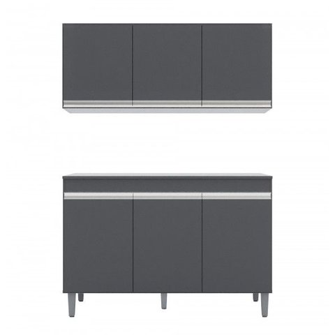 Balcão Gabinete Manu 120cm  Cinza -ComTampo e Armário Aéreo Andreia 120cm - Ajl Móveis
