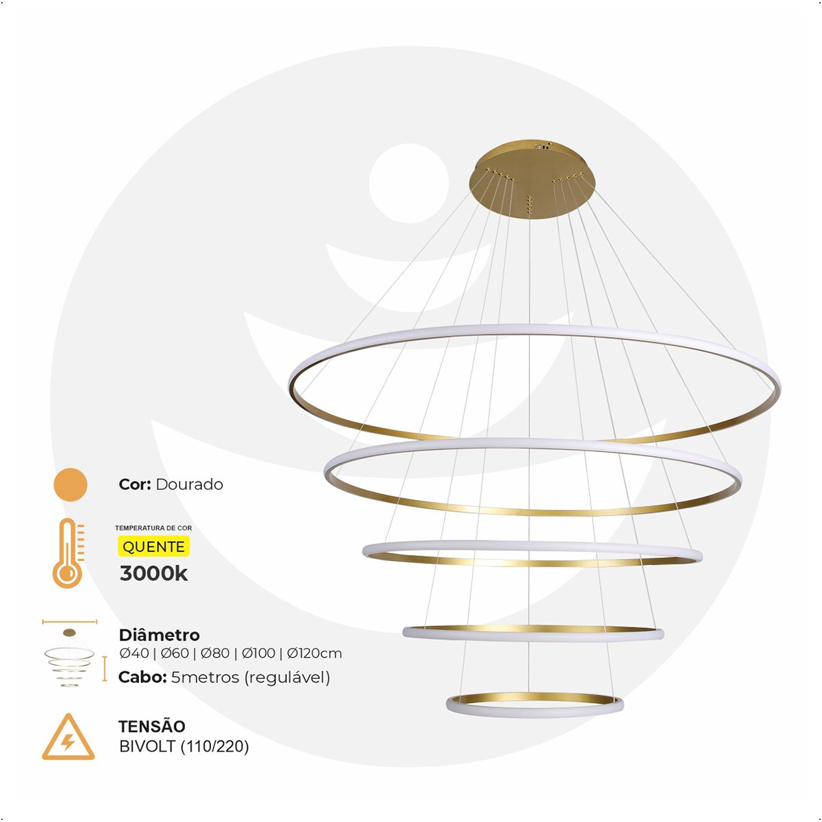 Lustre Pendente 196w Anéis 40|60|80|100|120cm 3000k 14.400lm Ip20 Dourado - 4