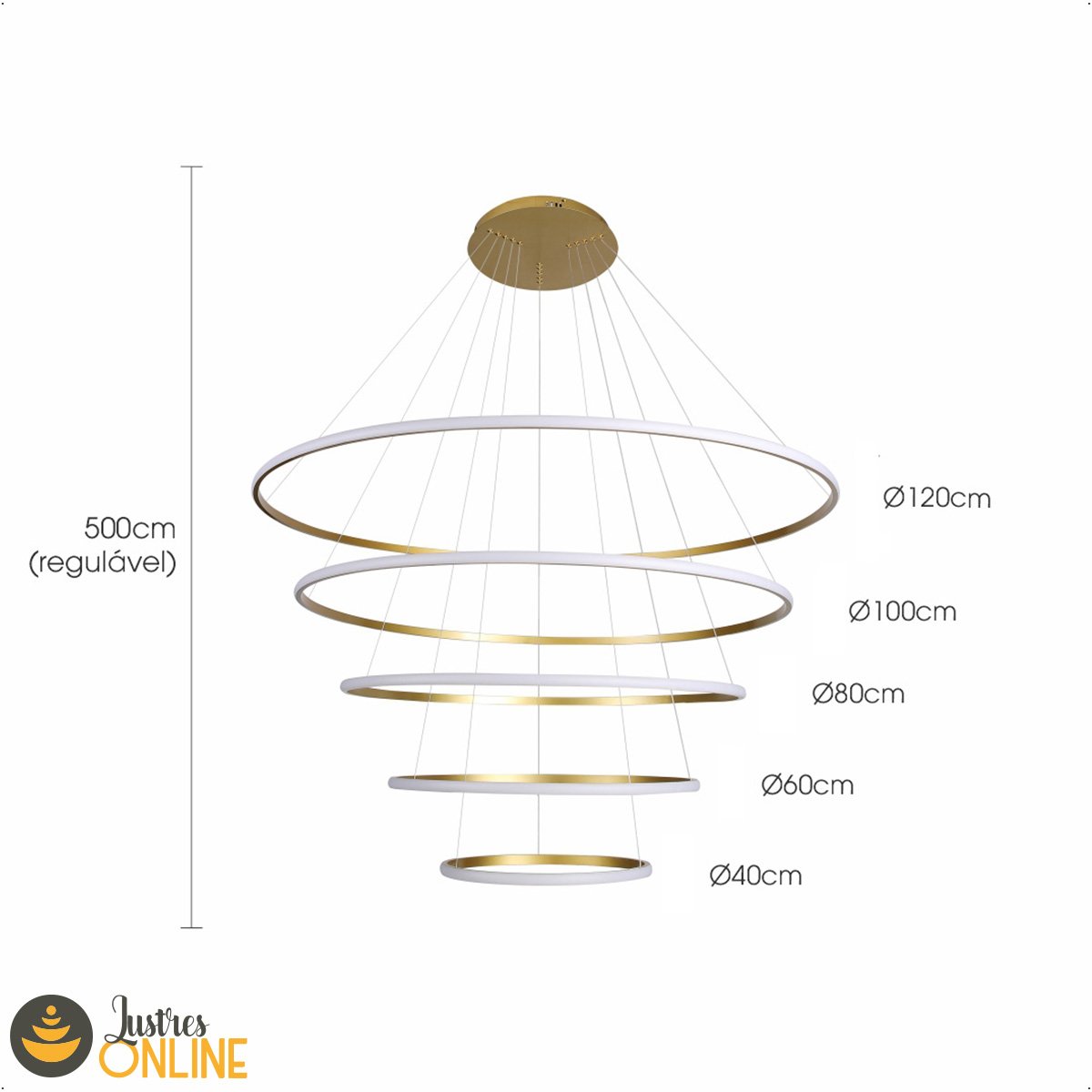 Lustre Pendente 196w Anéis 40|60|80|100|120cm 3000k 14.400lm Ip20 Dourado - 5