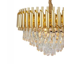 Luminária Pendente Prada Dourada Cristais Legítimos K9 - 5 Luminária Pendente Prada Dourada Cristais Legítimos K9 - 5