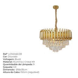 Luminária Pendente Prada Dourada Cristais Legítimos K9 - 3 Luminária Pendente Prada Dourada Cristais Legítimos K9 - 3