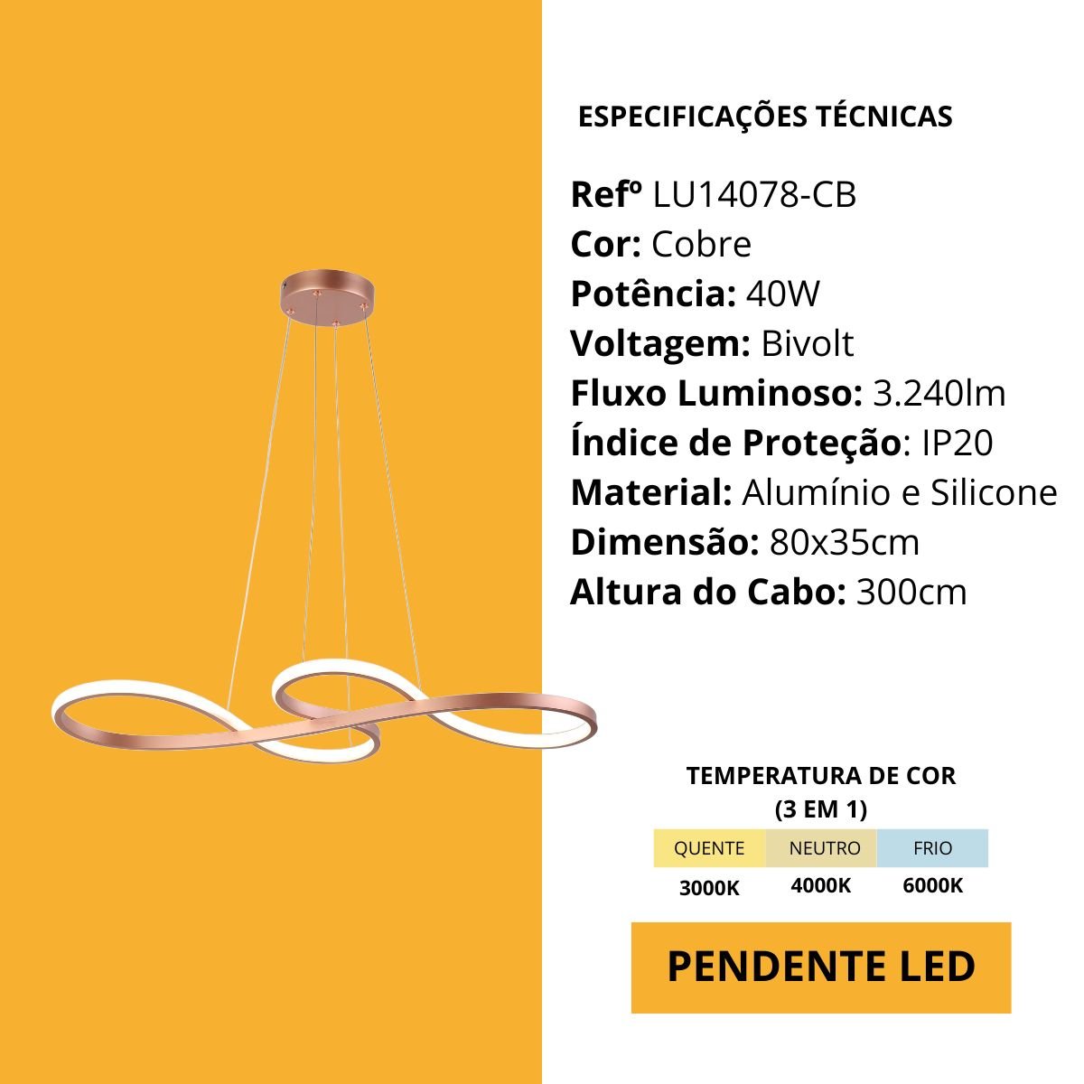 Lustre Pendente Infinito 80cm 40w 3 em 1 Tendência Moderno Bivolt - 7