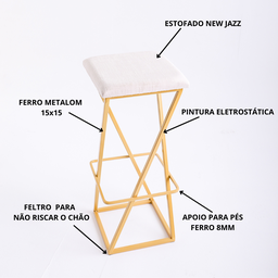 Banqueta Industrial Z Alta 70cm com Armação de Metal Dourado Estofado Bege - 5