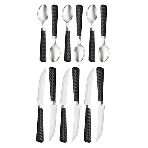 Conjunto com 6 Colheres para Mesa + com 6 Facas para Churrasco de Aço Inox com Cabo de Plástico Ratt