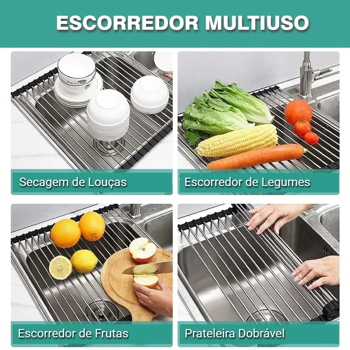 Escorredor Inox Louças Esteira Multifunções Dobrável 47x23 - 2