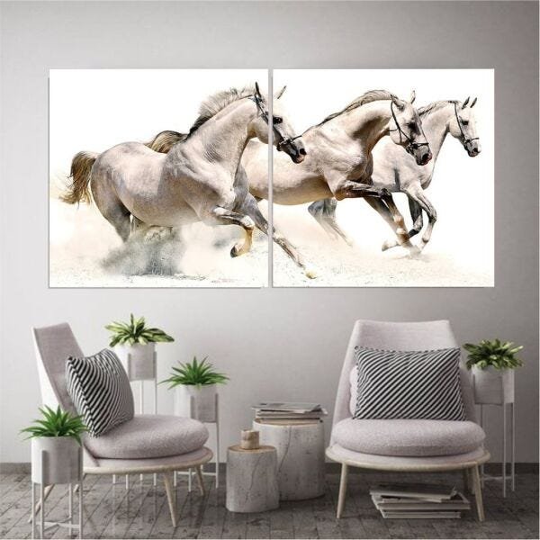 Quadro Decorativo Cavalos Brancos 2 telas 140x70cm - 1