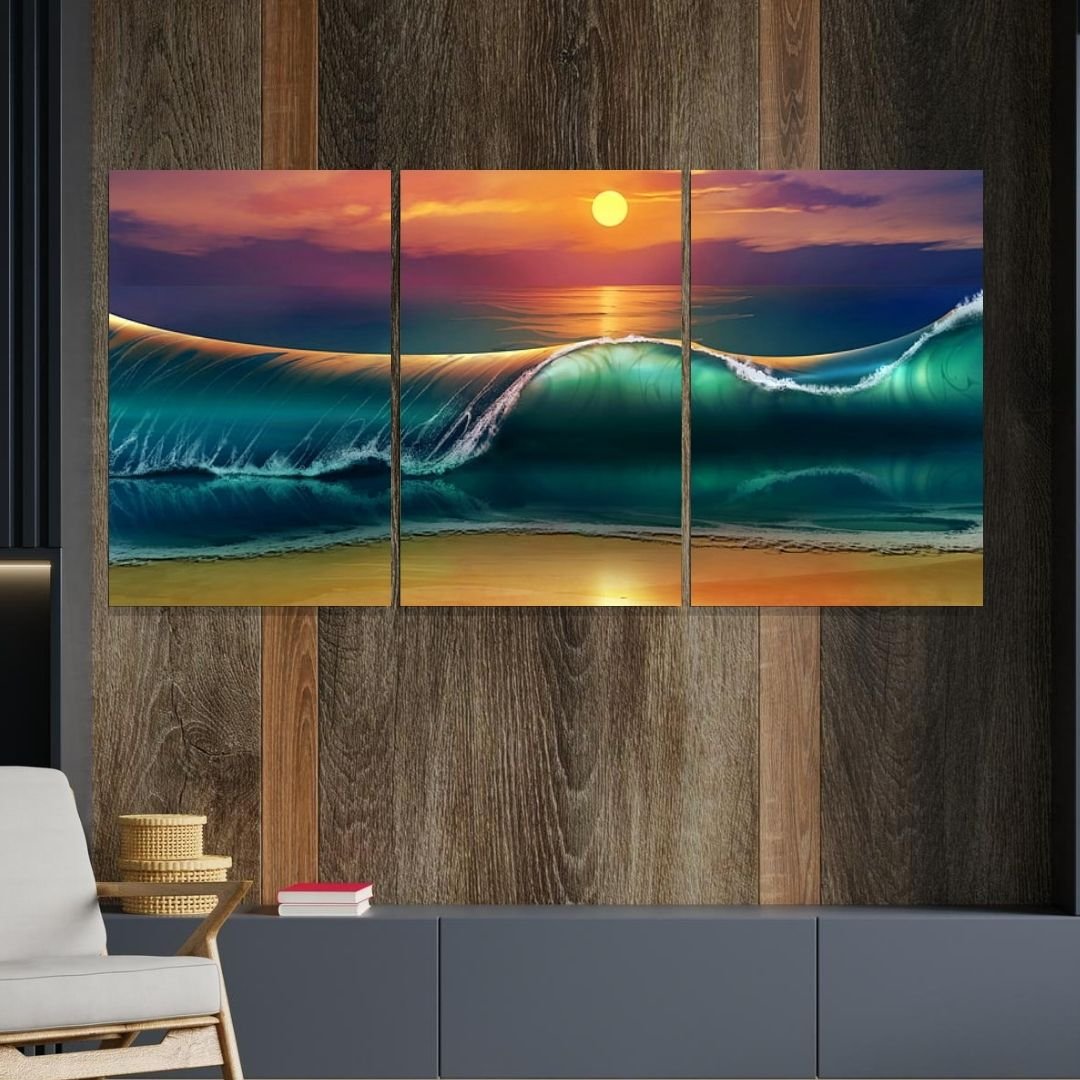 Quadro Decorativo - Três Telas - Ondas do Mar - Estilo Pintura - 120x60cm - 4