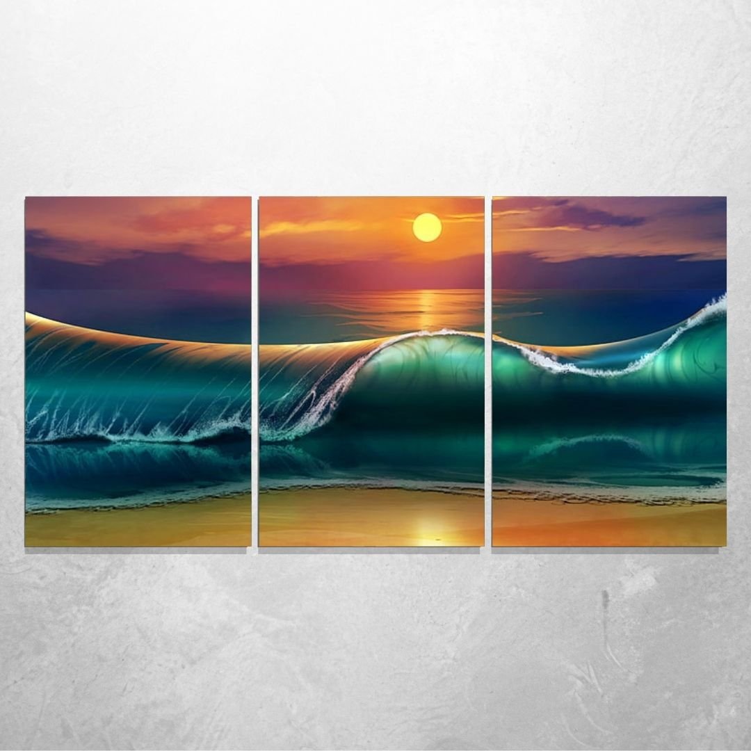 Quadro Decorativo - Três Telas - Ondas do Mar - Estilo Pintura - 120x60cm - 2