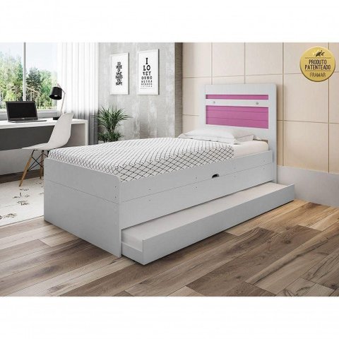 Cama Baú Solteiro Larissa com Auxiliar MDF Branco Rosa Framar para Colchão 88x188cm