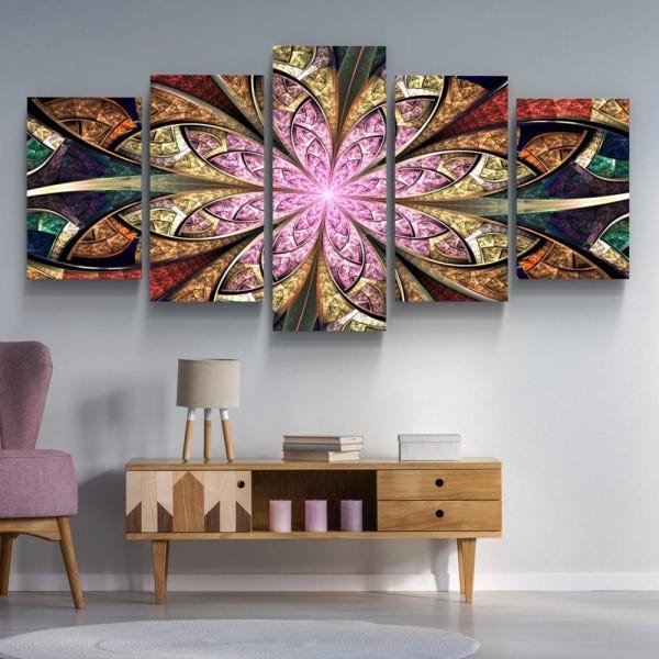 Quadro Decorativo para Sala Quarto Moderno Flor Vitral Espectral Surrealista Fractal Rosa - 1