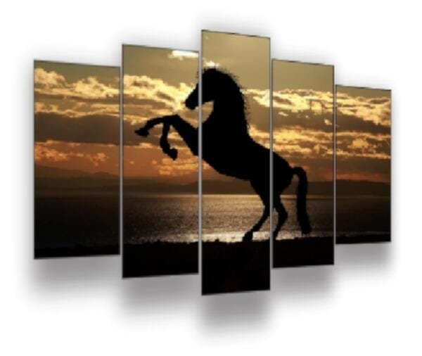 Quadro Decorativo Mosaico 5 Peças Mod086 Cavalo Por Do Sol - 1