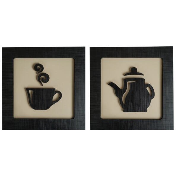 Cantinho do Café frase 60 cm + 2 Quadros 30 cm Mdf laminado Xícara e Bule - Preto e Bege - 4