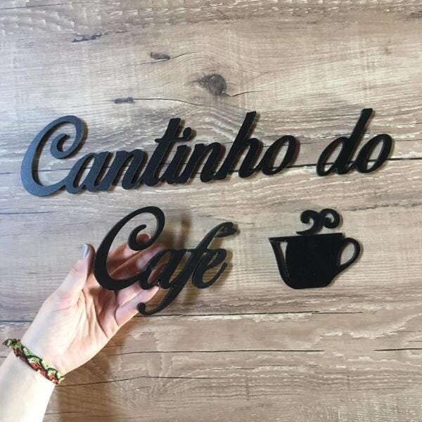 Cantinho do Café frase 60 cm + 2 Quadros 30 cm Mdf laminado Xícara e Bule - Preto e Bege - 2