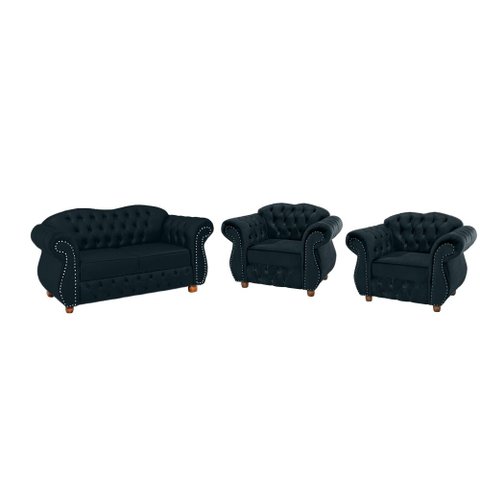 Sofá Chesterfield Merlo 2 lugares 1,80 + 2 Poltronas - Suede Azul Petróleo/ decoração, recepção, sal