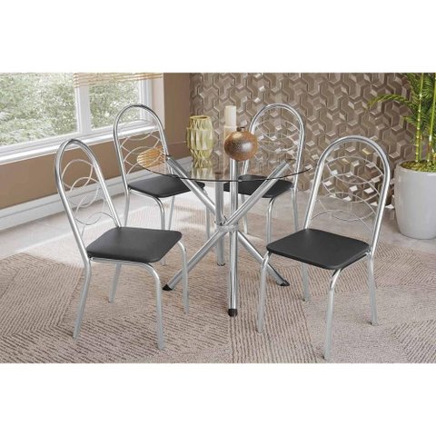 Conjunto: Mesa Sala Jantar Volga C/ Tampo de Vidro 95cm e 4 Cadeiras Holanda Cromada - Courano Preto