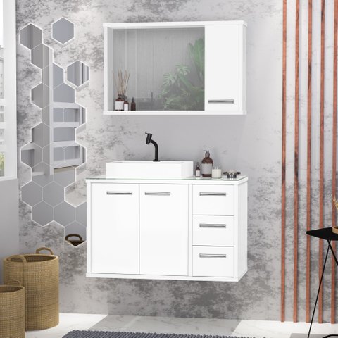 Gabinete para Banheiro com Cuba e Espelho Turin 80 C/ Vidro - Branco