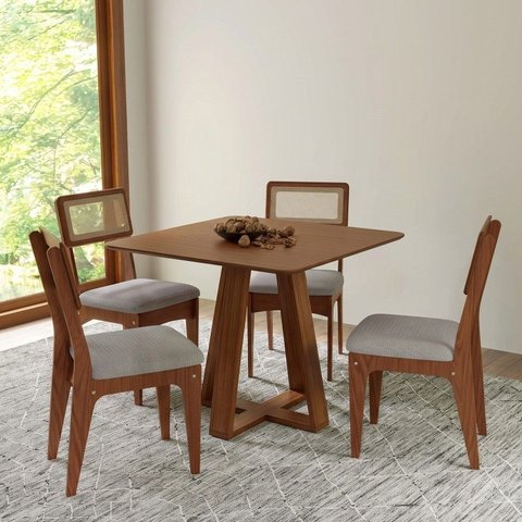 Conjunto Sala de Jantar Mesa Quadrada 90cm com 4 Cadeiras MDF Palha Sintética Pinhão/Bege Claro