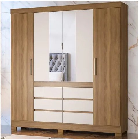 Guarda Roupa Casal 4 Portas, Espelho e 6 Gavetas Cádis - Amendoa Off White