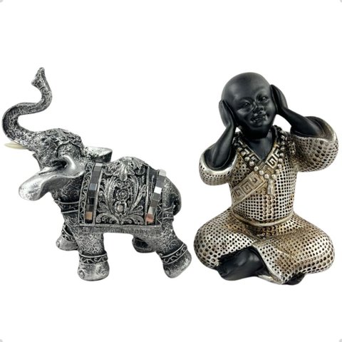 Kit de Decoração com Buda Surdo e Elefante Energia Positiva