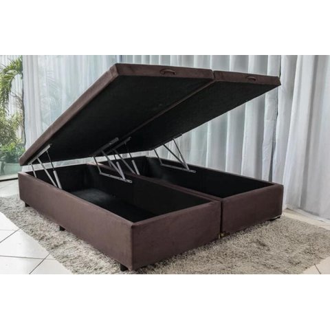 Cama Báu Box Base Queen Bipartido Suede Marrom com Pistão a Gás.