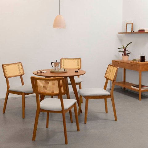 Conjunto Mesa de Jantar Square Redonda Louro Freijó - 88cm + 4 Cadeiras Lalá Encosto Palha Creme - C