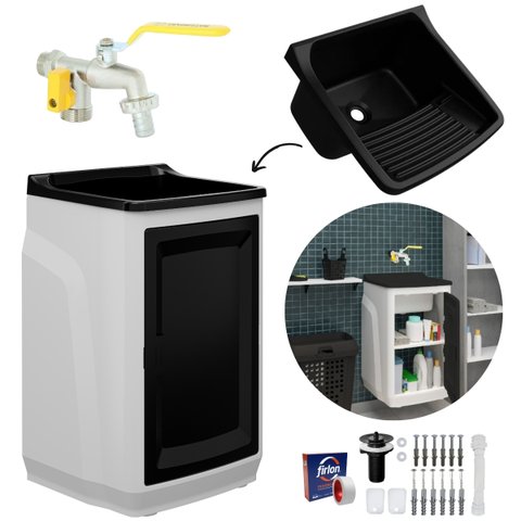 Gabinete para Lavanderia com Tanque Preto 01 Porta + Torneira com Duas Saídas Metal + Fita Veda Rosc