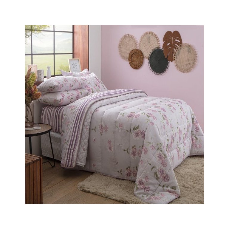 Jogo de Cama Casal 4 Peças 140 Fios Realce Premium Holda Florido Rosa e Lilás - Sultan