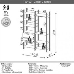 Closet 1 Cabideiro 2 Gavetas 9 Prateleiras Off White Brilho/ Freijó Fosco - Dalla Costa - 3
