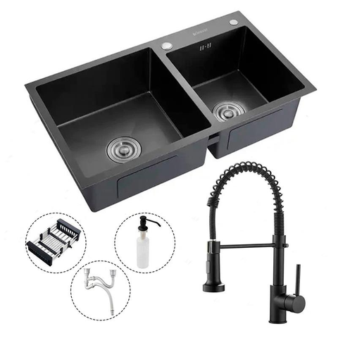 Kit Cuba Pia Gourmet Dupla Aço Inox e Torneira Flexível Preta Brinovar