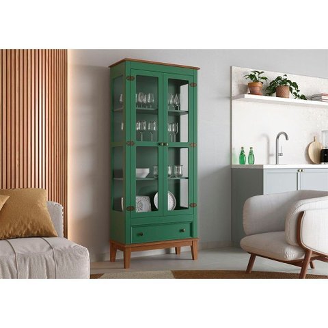 Cristaleira de Madeira Maciça 2 Portas + 1 Gaveta - Cor: Verde