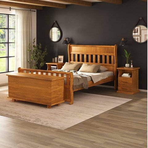 Conjunto Dormitório Casal com Cama, 2 Mesas de Cabeceira Slim e Baú de Peseira 140cm Nathalia Marrom/Mogno Mel