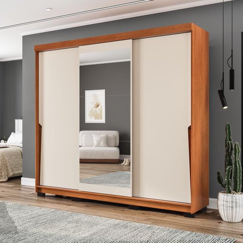 Roupeiro Porto 3 Portas de Correr com Espelho 217x213cm Freijó/Creme 240850