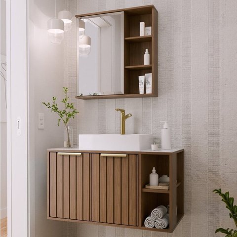 Gabinete Suspenso Banheiro Noruega 80cm com Cuba e Espelheira Treviso