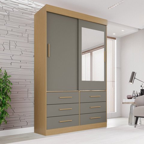 Guarda-roupa Solteiro 2 Portas com Espelho 6 Gavetas Luana
