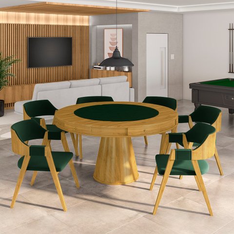 Conjunto Mesa de Jogos Carteado Bellagio Tampo Reversível e 6 Cadeiras Madeira Poker Base Cone Velud