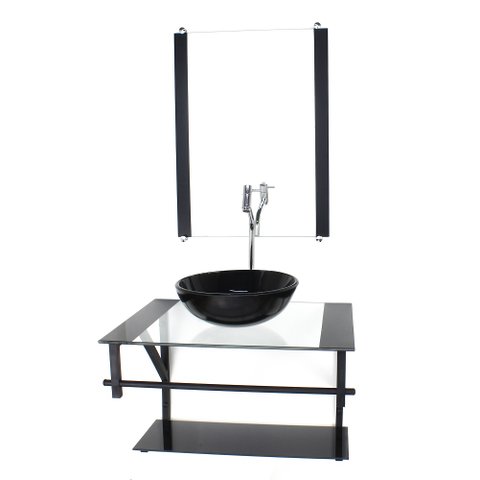 GABINETE DE VIDRO PARA BANHEIRO 60CM AP CUBA REDONDA PRETO COM TORNEIRA CROMADA