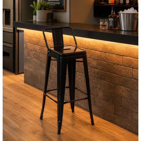 Kit 5 Banquetas Altas Industriais Pretas em Aço 76cm com Encosto – Estilo Tolix