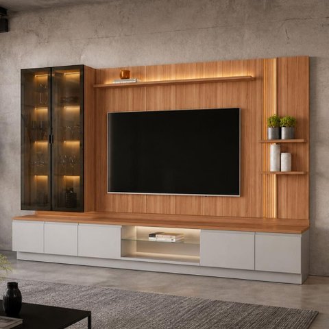 Rack para Sala com Painel para TV 75 pol Cristaleira LED 335cm Noble L05 Canela Gris Fosco - Lyam
