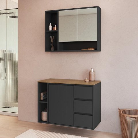 Conjunto Banheiro Gabinete e Espelheira 3 Portas e 3 Gavetas 80cm Multimóveis Crart-CON014 Grafite