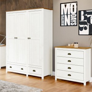Conjunto Quarto: Guarda-roupa 3 Portas, Cômoda 4 Gavetas Branco/freijó Topázio Madeira Pinus - Fines