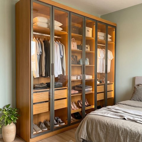 Guarda Roupa Casal 6 Portas Reflecta 4 Gavetas com LED, Sapateira e Cabideiros 230x240x48,5cm