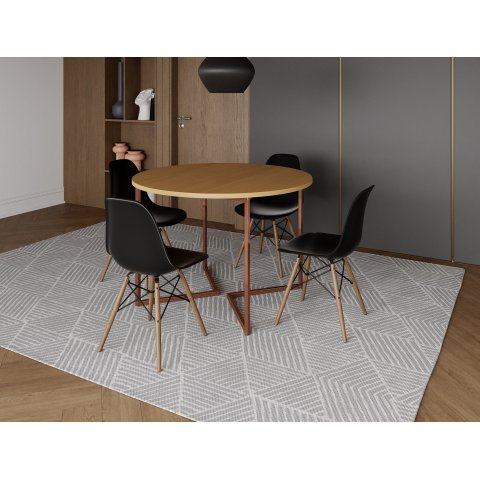 Mesa Industrial Base Ferro Cobre em V Tampo 110cm Canela 4 Cadeiras Eames Madeira Assento Preto